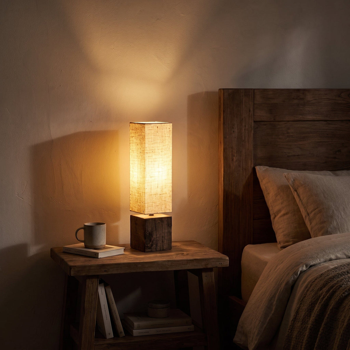 Abajur Linho e Madeira Farol Luminárias Ateliê MMassuci 