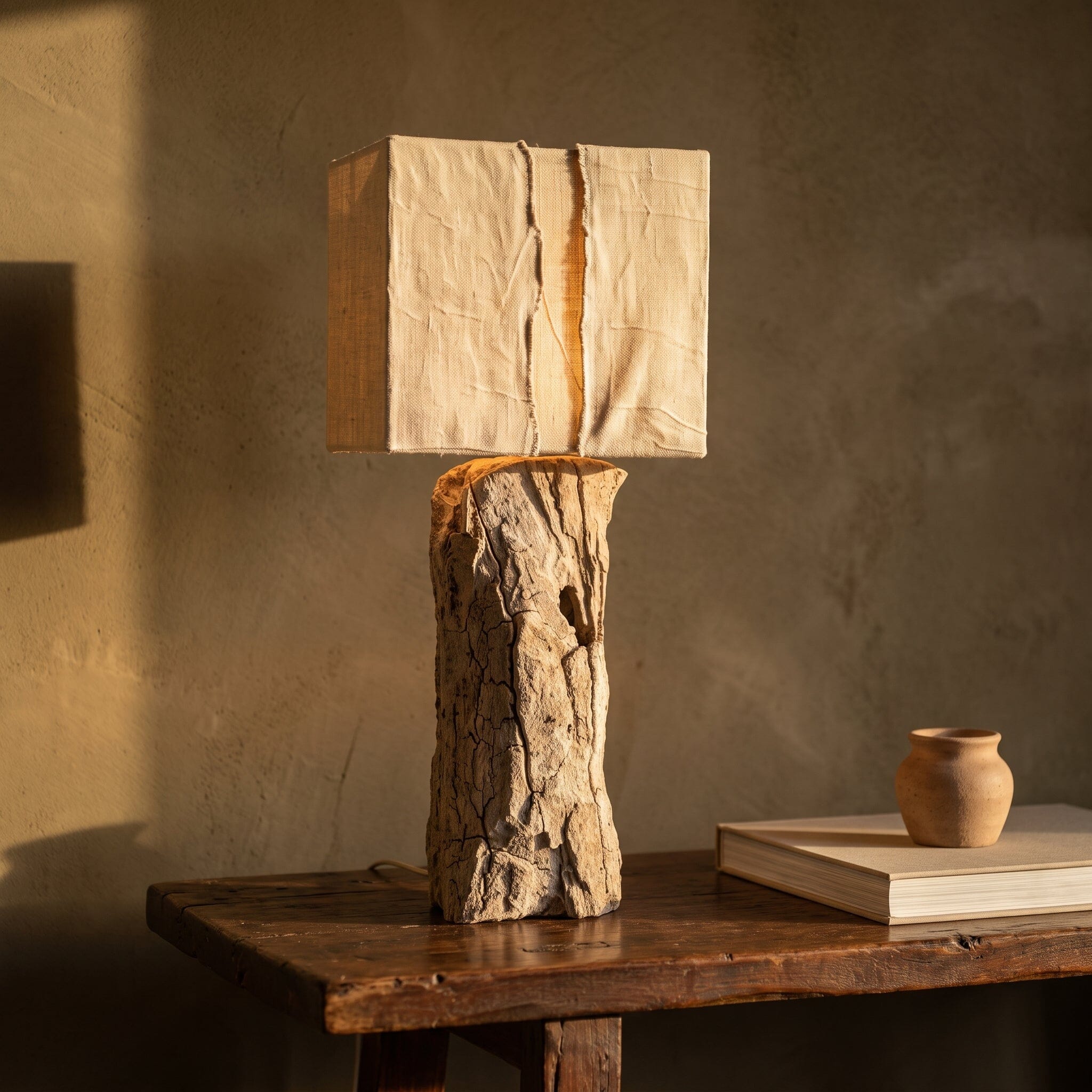 Abajur Madeira e Linho Fenda Luminárias Ateliê MMassuci 