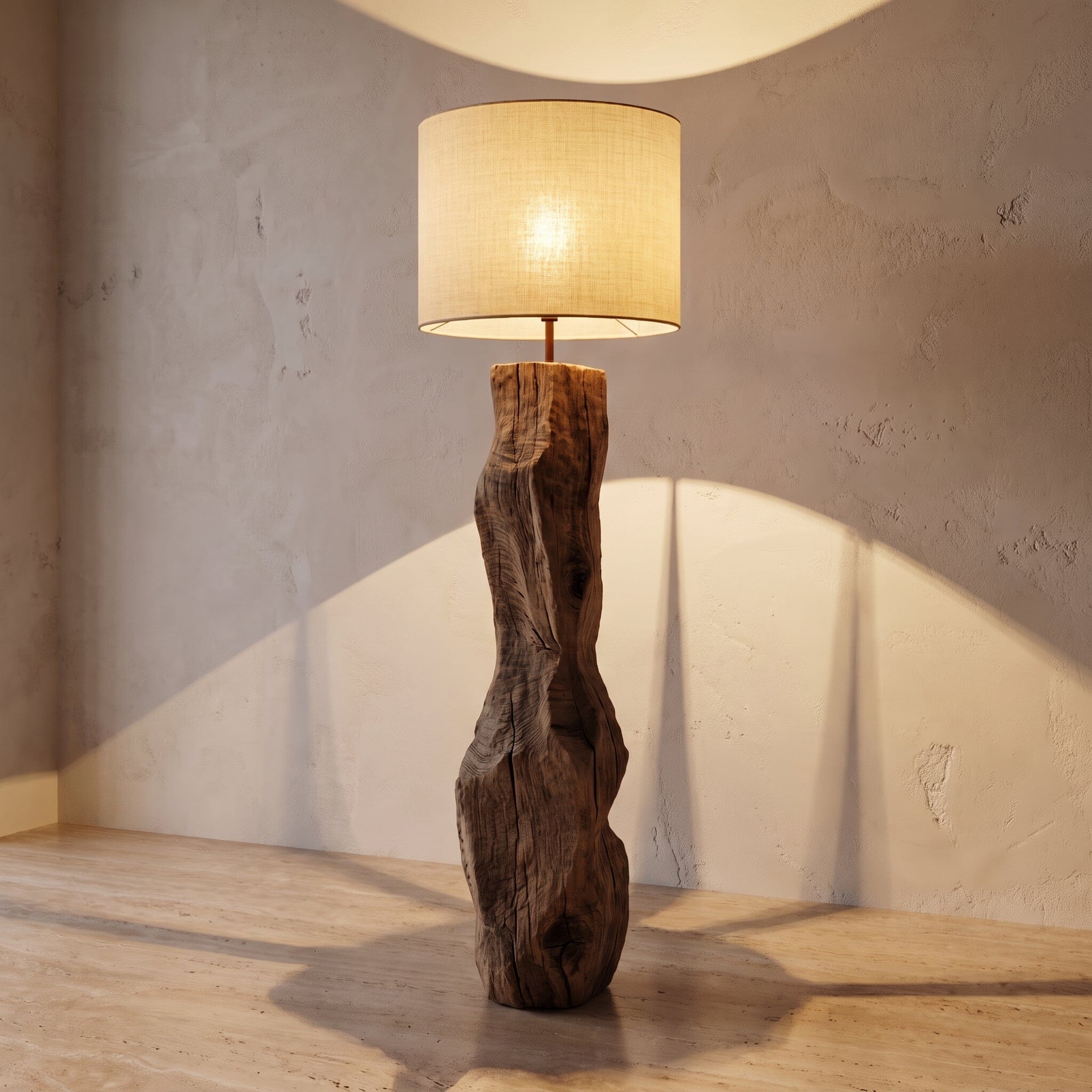 Luminária Chão Madeira e Juta Raiz Luminárias Ateliê MMassuci 